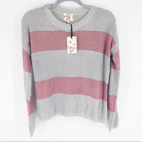 NWT Striped Gray Mauve Knit Cropped Sweater Small - Picture 6 of 7